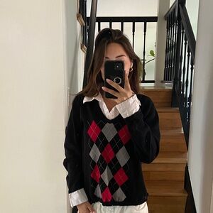 Elementz Black V-Neck Argyle Sweater with Red and Gray Diamonds